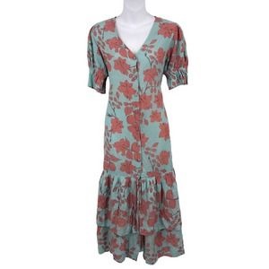 LoboRosa Botones Shift Dress M Floral Button Front V-Neck Tiers Short Sleeve